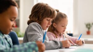 Three young children sit at a classroom table focused on writing in their notebooks. The setting is bright and calm, suggesting a school environment. This image represents focus and learning—common challenges and goals discussed in blogs about ADHD symptoms and diagnosis.