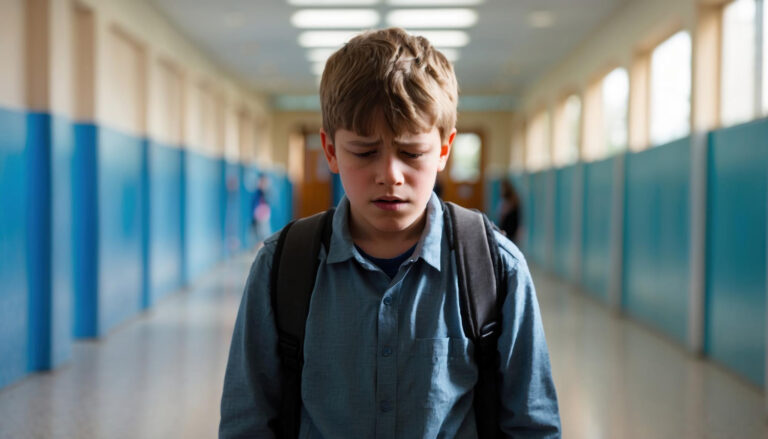 A sad elementary school age boy wearing a backpack stands alone in a school hallway, looking down with a worried expression.