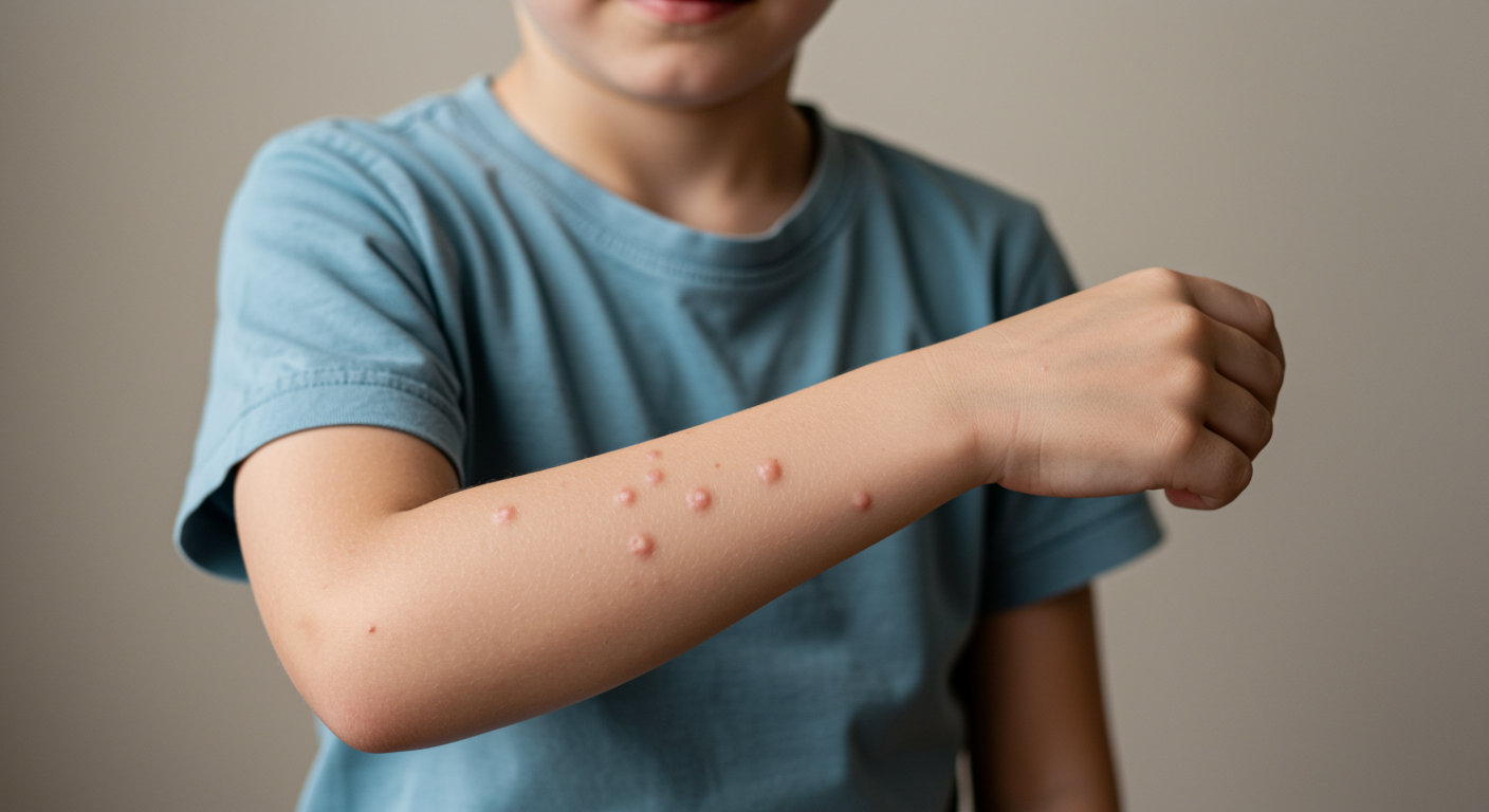 A young boy's outstretched arm with multiple small, round, pink bumps consistent with molluscum contagiosum, a common viral skin condition often seen in pediatric patients.